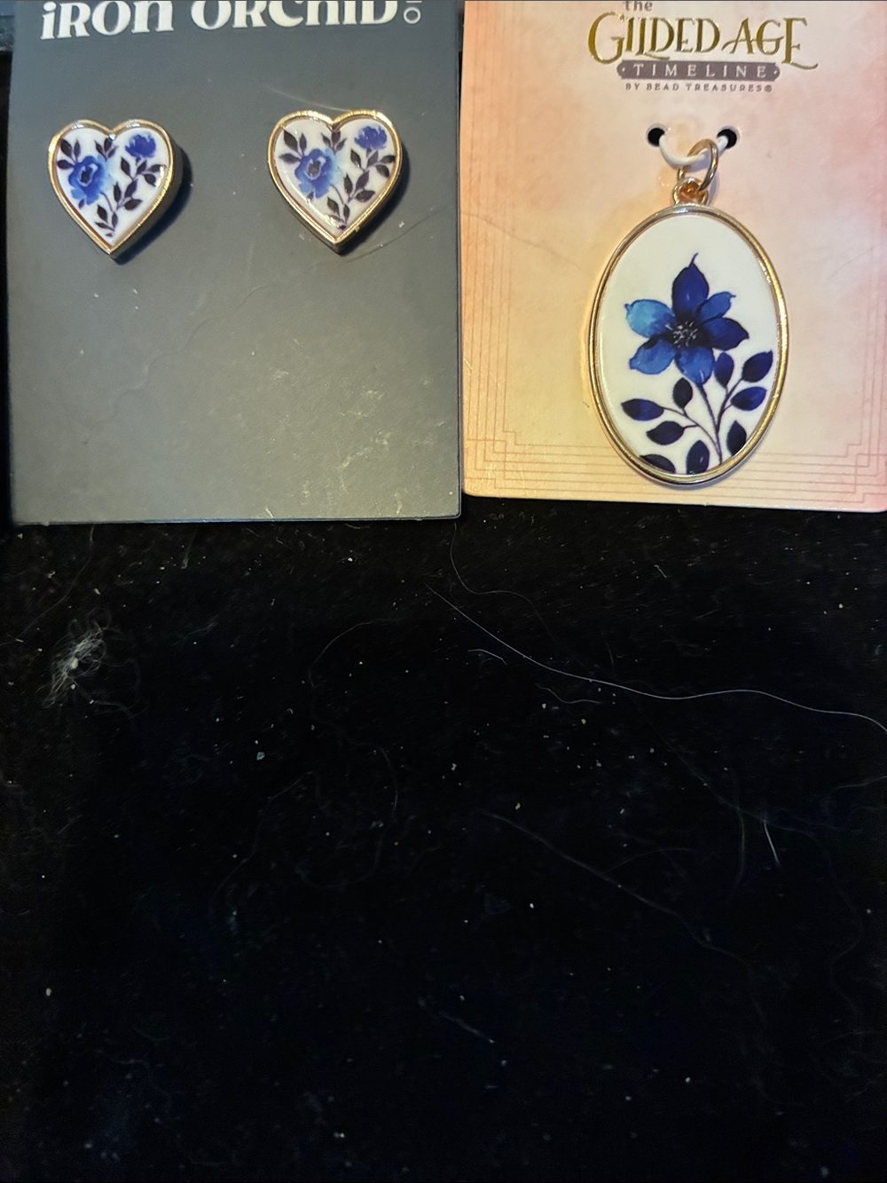 Iron Orchid & The Guided Age Blue Floral Pendant and Heart Stud Earrings